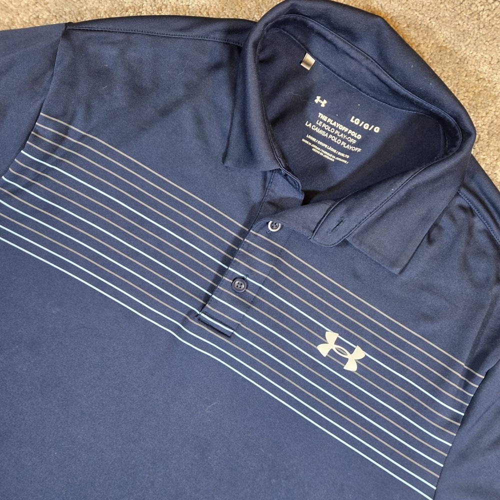 Under Armour Polo Mens Large Navy With Stripes Playoff Polo Performance Golf